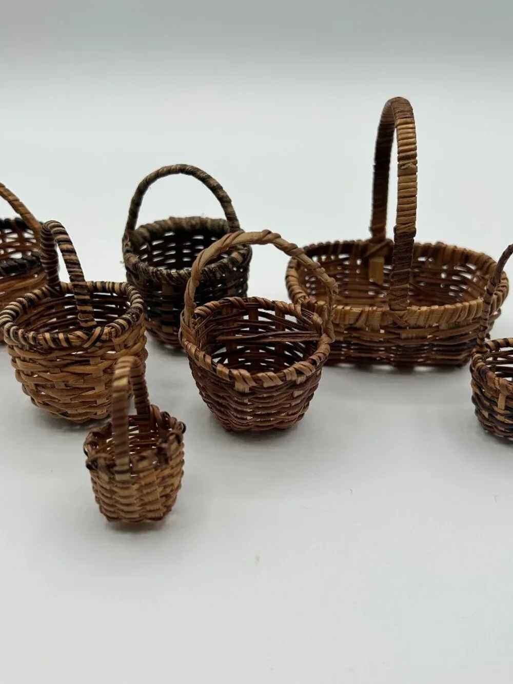 Vintage Miniature Baskets Set of 7 Handmade Woven Wicker Rattan Dollhouse Decor